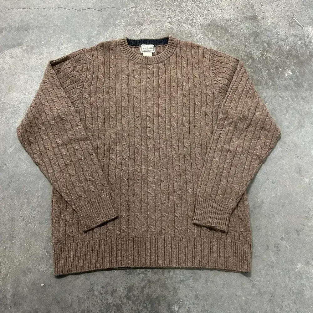 LL Bean Cable Knit Cashmere Sweater M-Reg Brown Crewneck